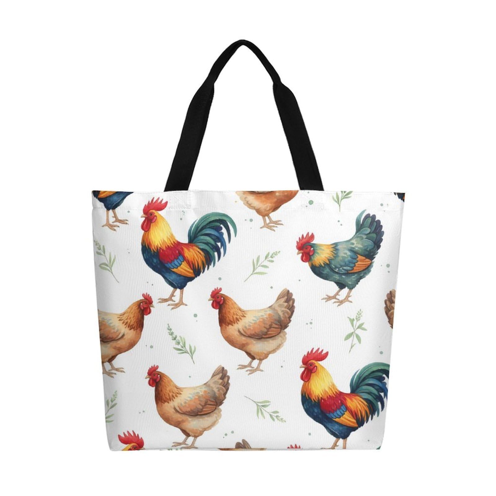 Muishi Colorful Chickens Rooster Canvas Tote Bag Large Women Casual Shoulder Bag Handbag Reusable Beach Shopping Grocery Bag For Outdoors