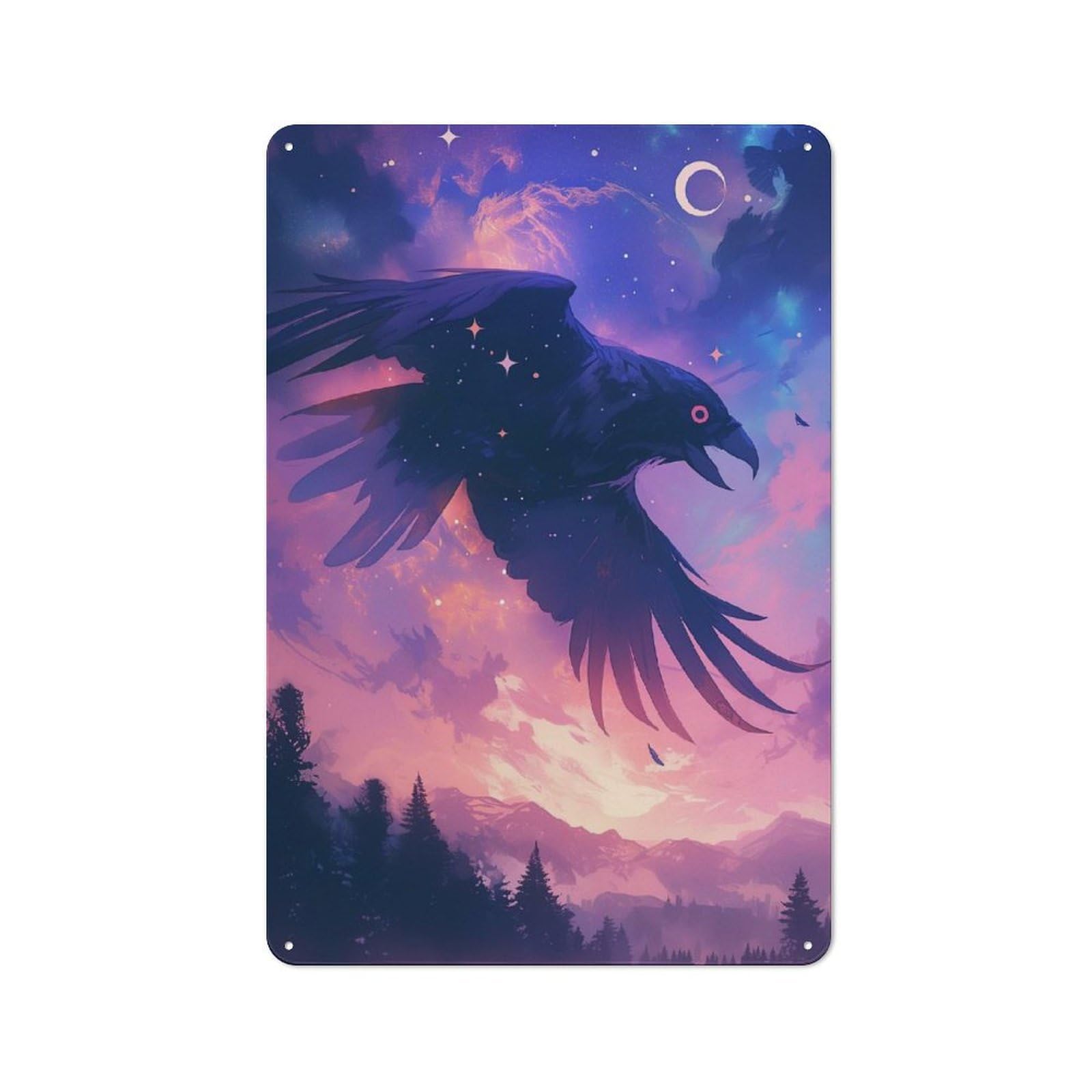 Vintage Tin Sign 30x20cm Featuring Raven in Starry Sky, Industrial Wall Art for Garage, Workshop, Shed Or Utility Room