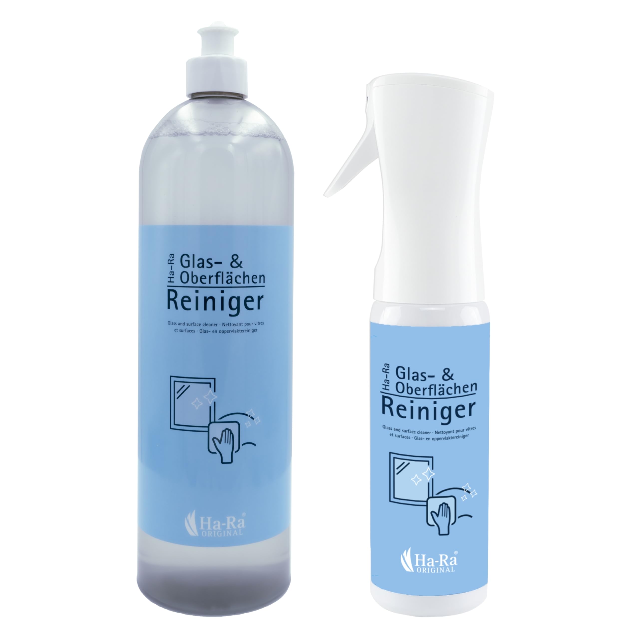 Hans Raab Glas- & Oberflächenreiniger 300 ml + 1L Nachfüllflasche I Universalreiniger-Spray für Haushalt, Garten & Auto I Sparsam, vielseitig & hautfreundlich I rückstandslos & streifenfrei