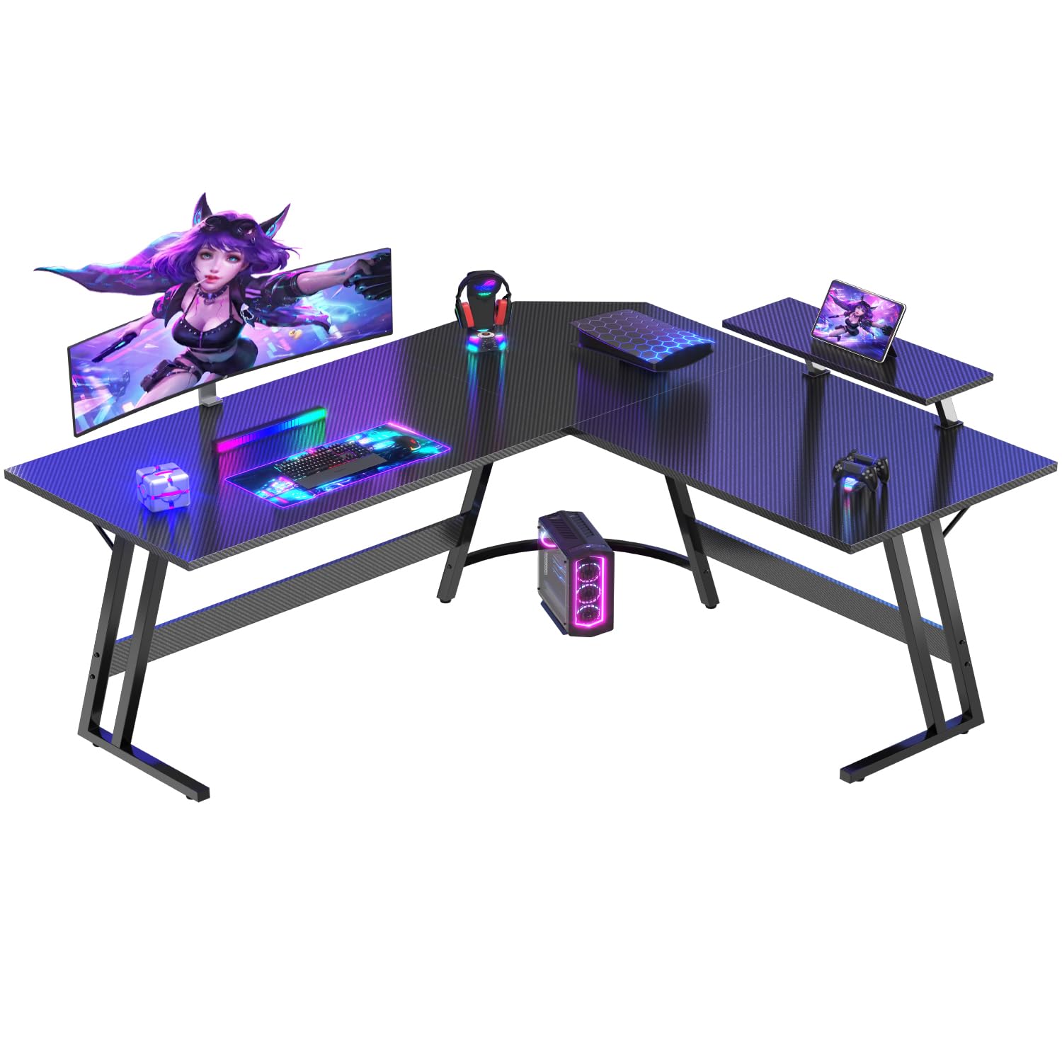 Devoko Bureau Gaming d'angle 150 x 130cm avec Support d'écran, Table Informatique en Coin,Bureau Gamer en Forme de L Table pour Etudier, Jouer et Travailler Carbon Noir