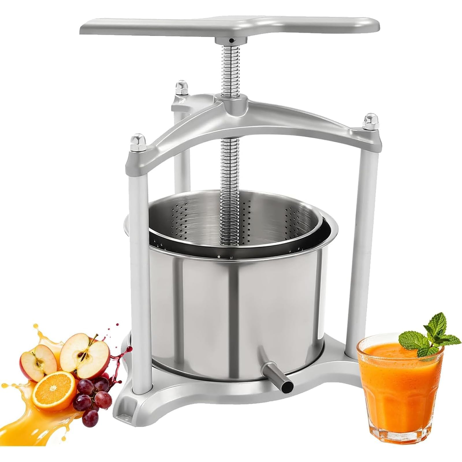 Presse-Jus Manuel en Acier Inoxydable, Presse À Vin De Fruits 6 L | Poignée En T Puissante, Plaque De Pression Renforcée 7 Mm/0,28 Pouce, Revêtement Amovible, Légumes Maison