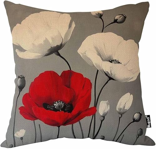 Mugod Funda de almohada con diseño de flor de amapola, hermosa y encantadora acuarela, color rojo y blanco, 18 x 18 pulgadas, suave, cuadrada, de
