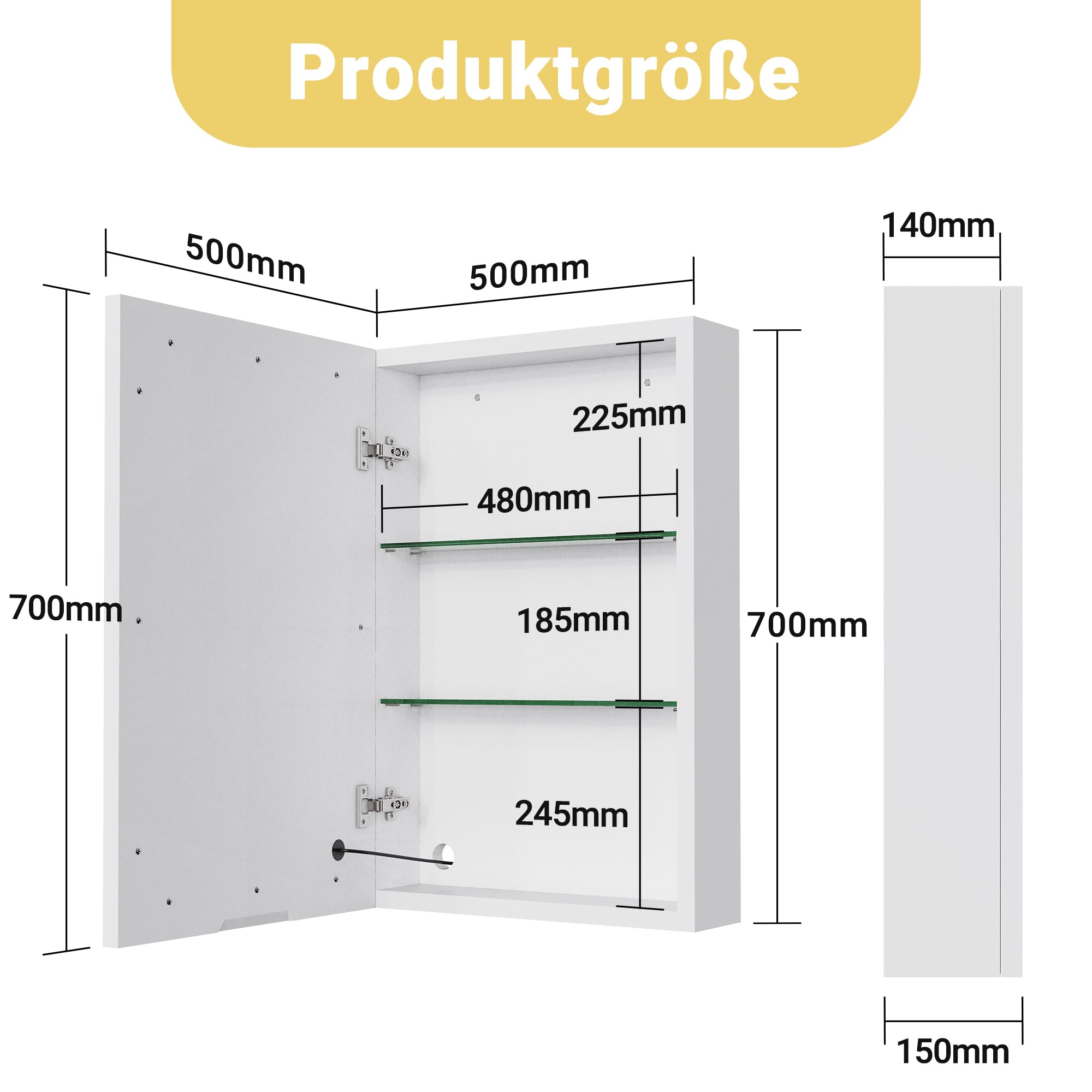 Armadietto Bagno Con Specchio E Luce LED 50x70 Cm - Con Interruttore Touch, Ripiano Regolabile, Bianco