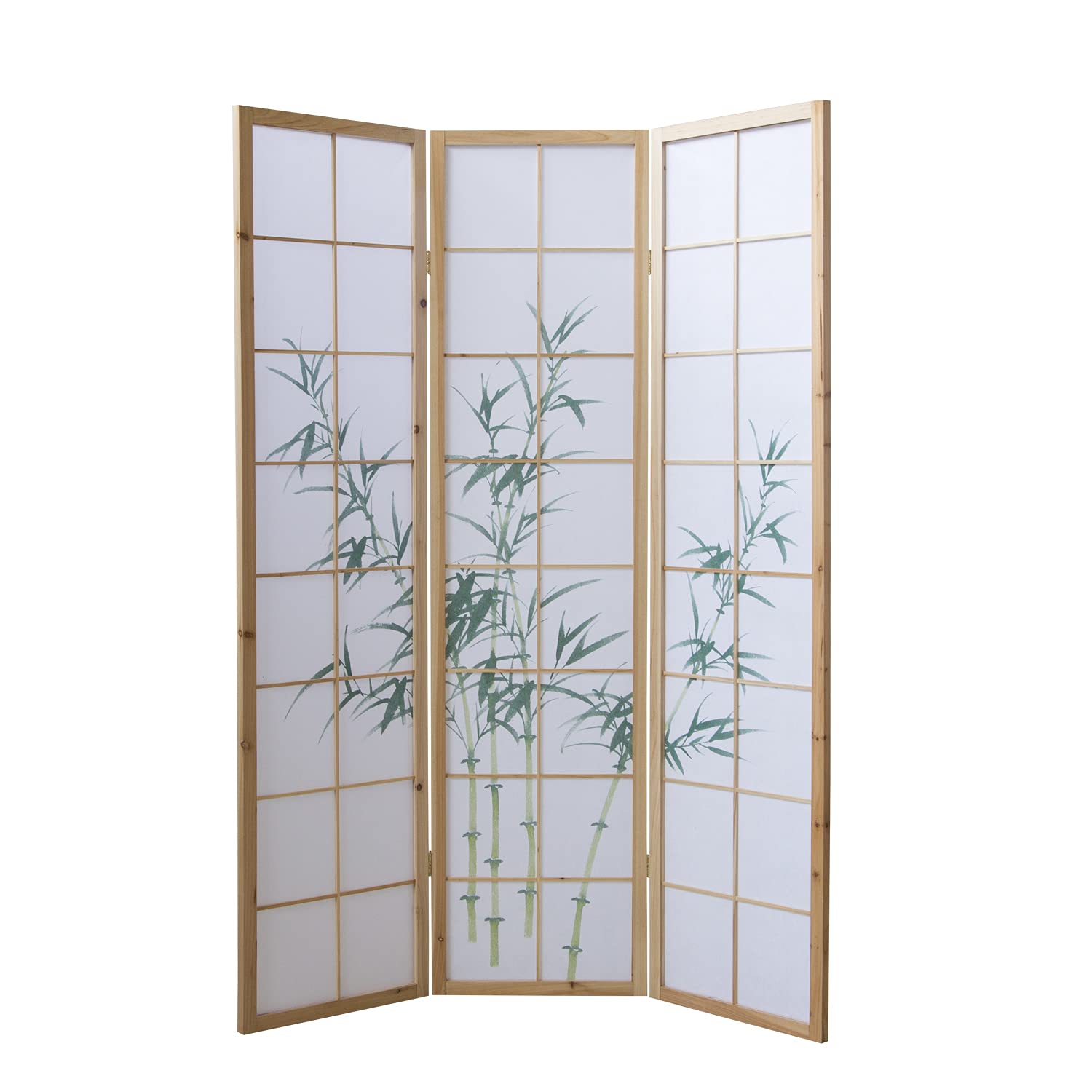 Homestyle4u Séparateur de pièce intérieur 3 Panneaux en Bois Brun Clair Paravent Pliable avec Motif Bambou Shoji Papier de Riz