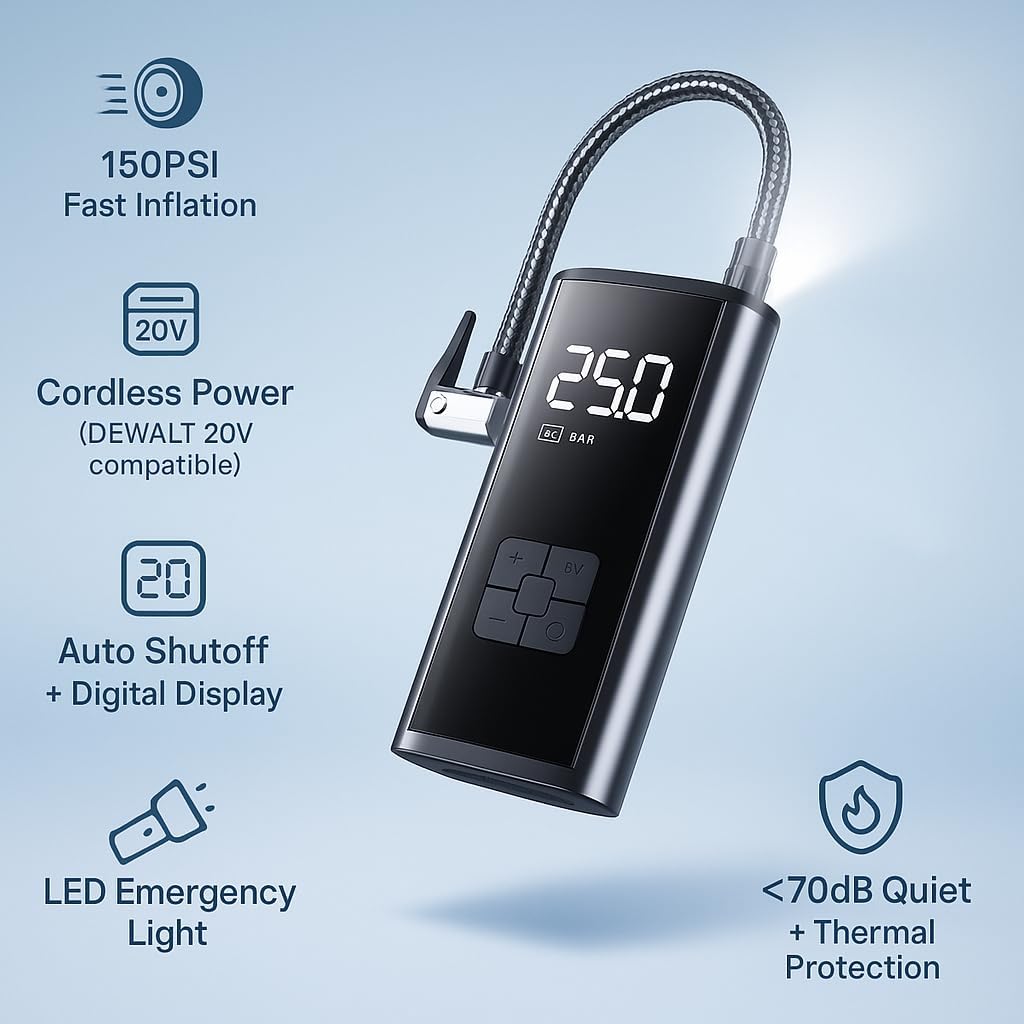 LiKiLiKi Kabelloser Reifenfüller, 150 PSI, tragbarer Luftkompressor mit digitalem Manometer & LED-Licht, wiederaufladbare Reifenpumpe für Auto, Fahrrad, Motorrad & Bälle