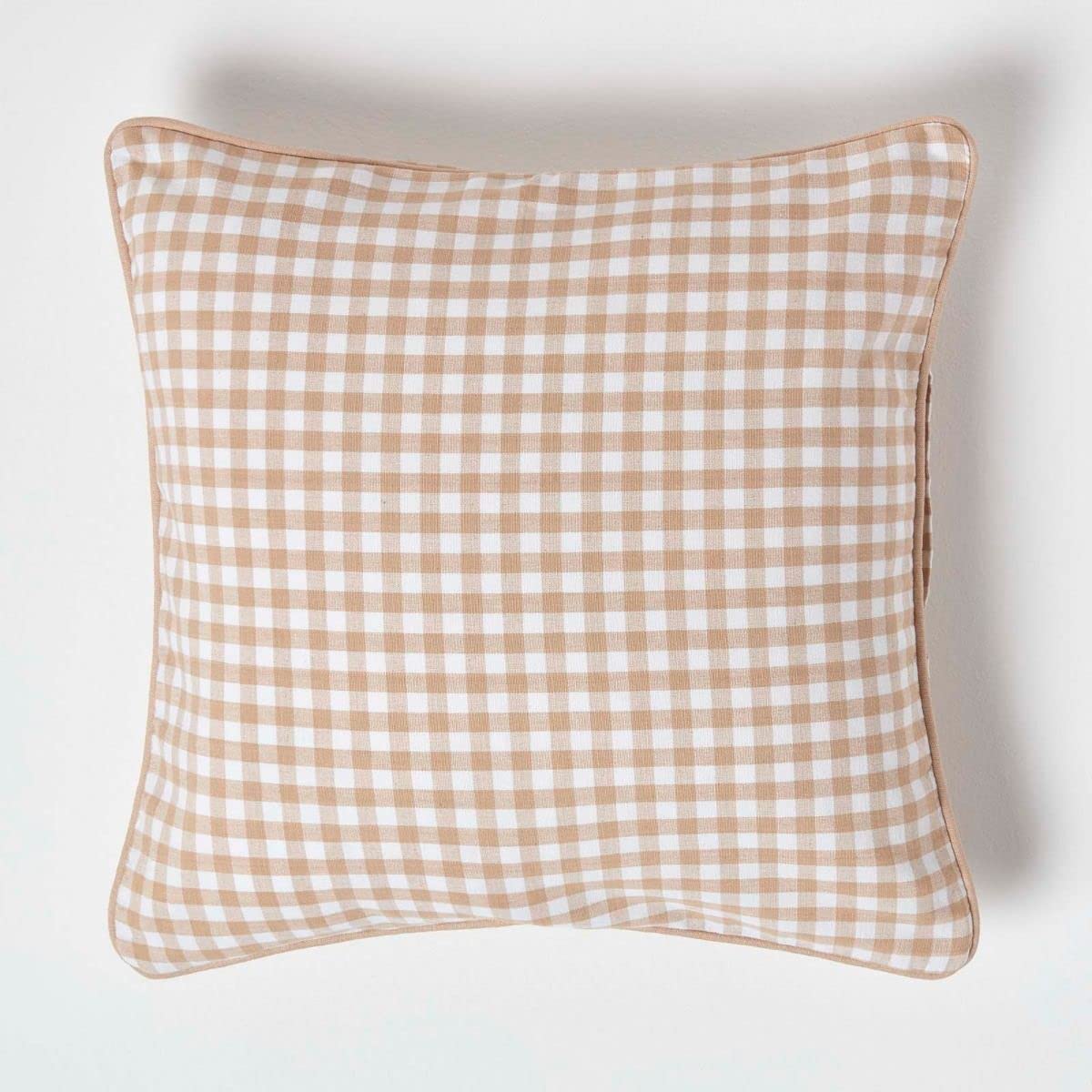 HOMESCAPES - 100% Cotton - Gingham Check - Cushion Cover - 45 x 45 cm Square - 18 x 18 Inches - Beige White - 100% Cotton Sofa Pillow Cushion Cover - Washable