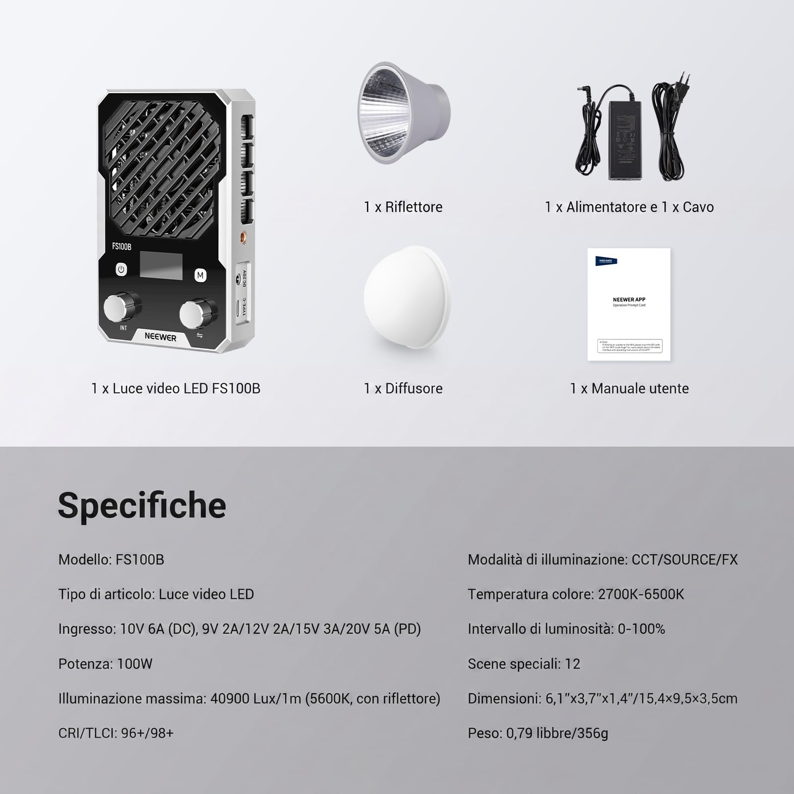 NEEWER Luce Video LED Ultra Compatta da 100W con Controllo APP/Pannello, Lampada COB Bicolore Tascabile a Uscita Continua con 4 Curve di Oscuramento/2700K-6500K/CRI96+ per Foto Video in Studio, FS100B
