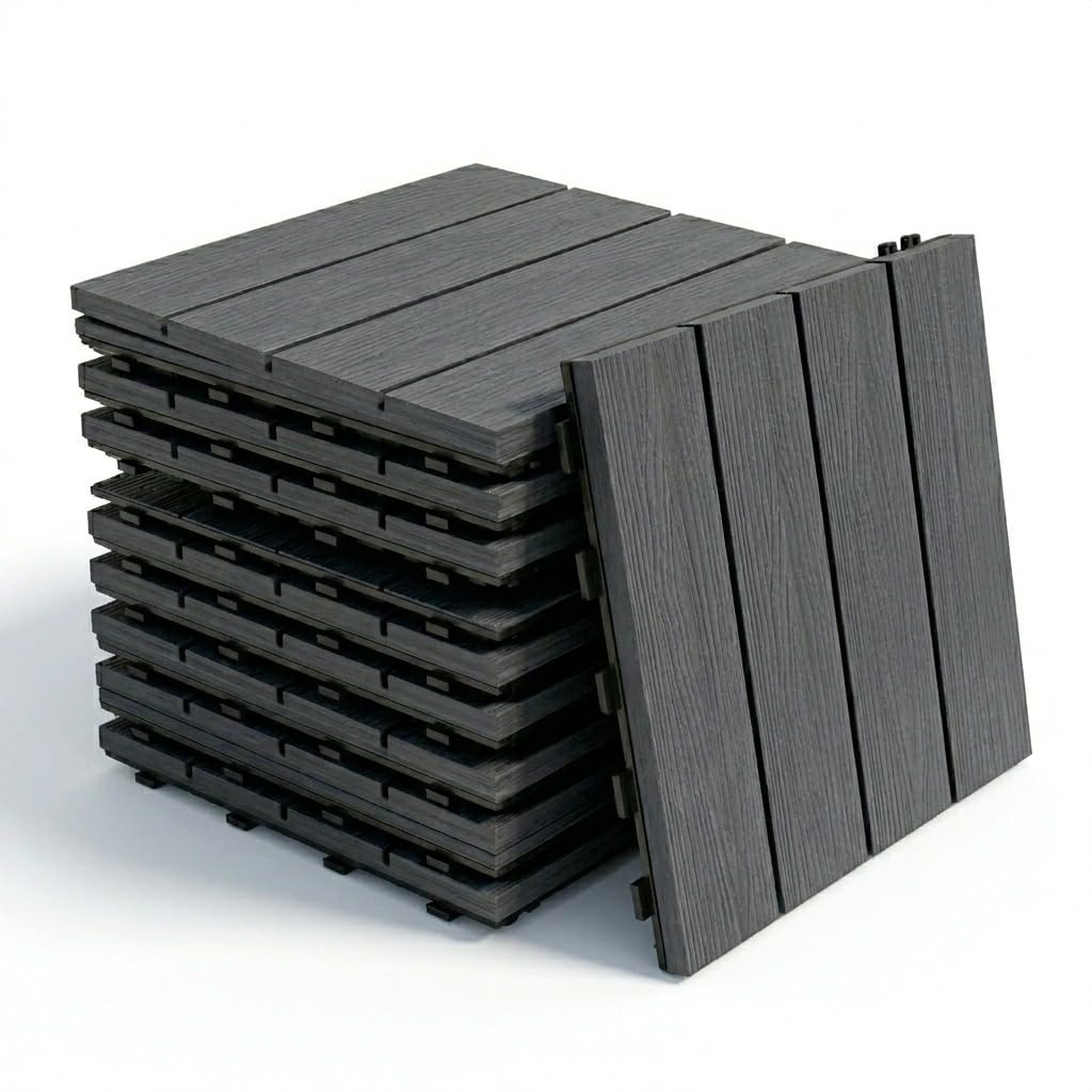 Piastrelle WPC a incastro per Terrazza, Balcone effetto legno (GRIGIO, 30X30 SET 9 PIASTRELLE)