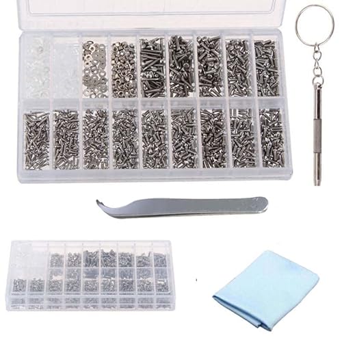 Brille Reperaturset,Schrauben Reparatur Set,1000 Stück Brillenreparatur Werkzeugsatz mit Schraubendreher Pinzette,Brillenputztuch,Brillenwerkzeug Set für Reparatur Brillen Sonnenbrillen Uhren Schmuck Cover