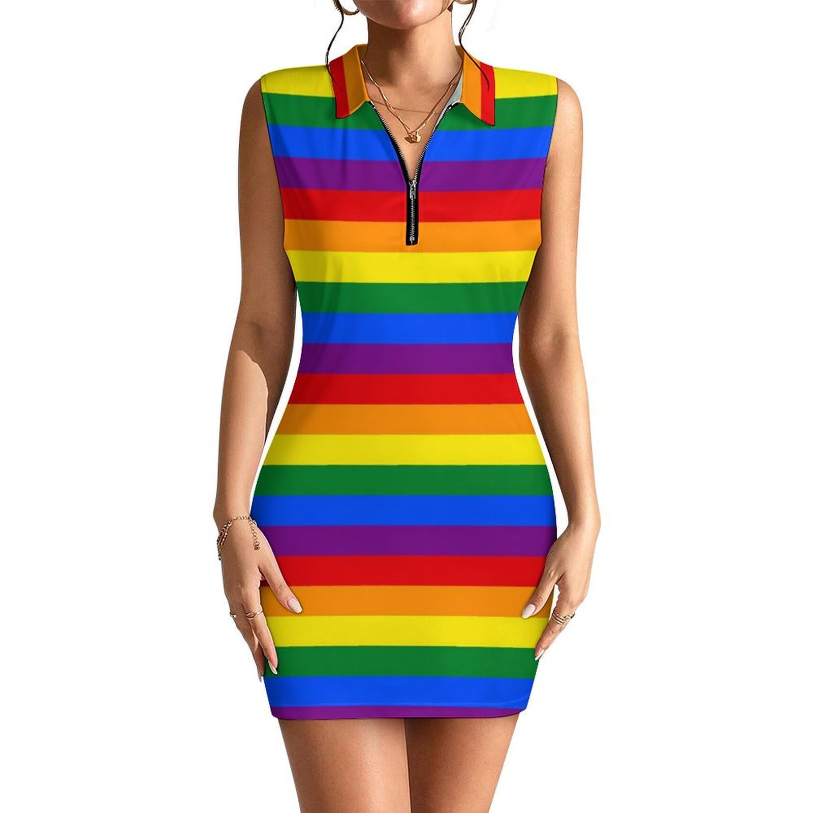 Women's Tennis Golf Dress Rainbow Sleeveless Polo Dress Quick Dry Casual Zipper Sport Activewear L