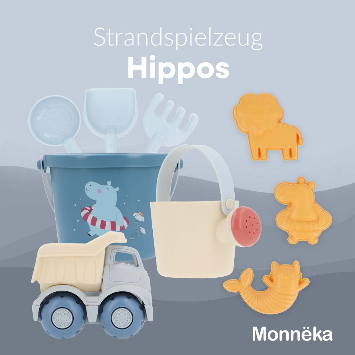 Strandspielzeug Set | Nachhaltiges Sandspielzeug | Enthält Verschiedene Teile | Leicht und tragbar für Strand oder Garten | Umweltfreundlich und sicher | Hippos