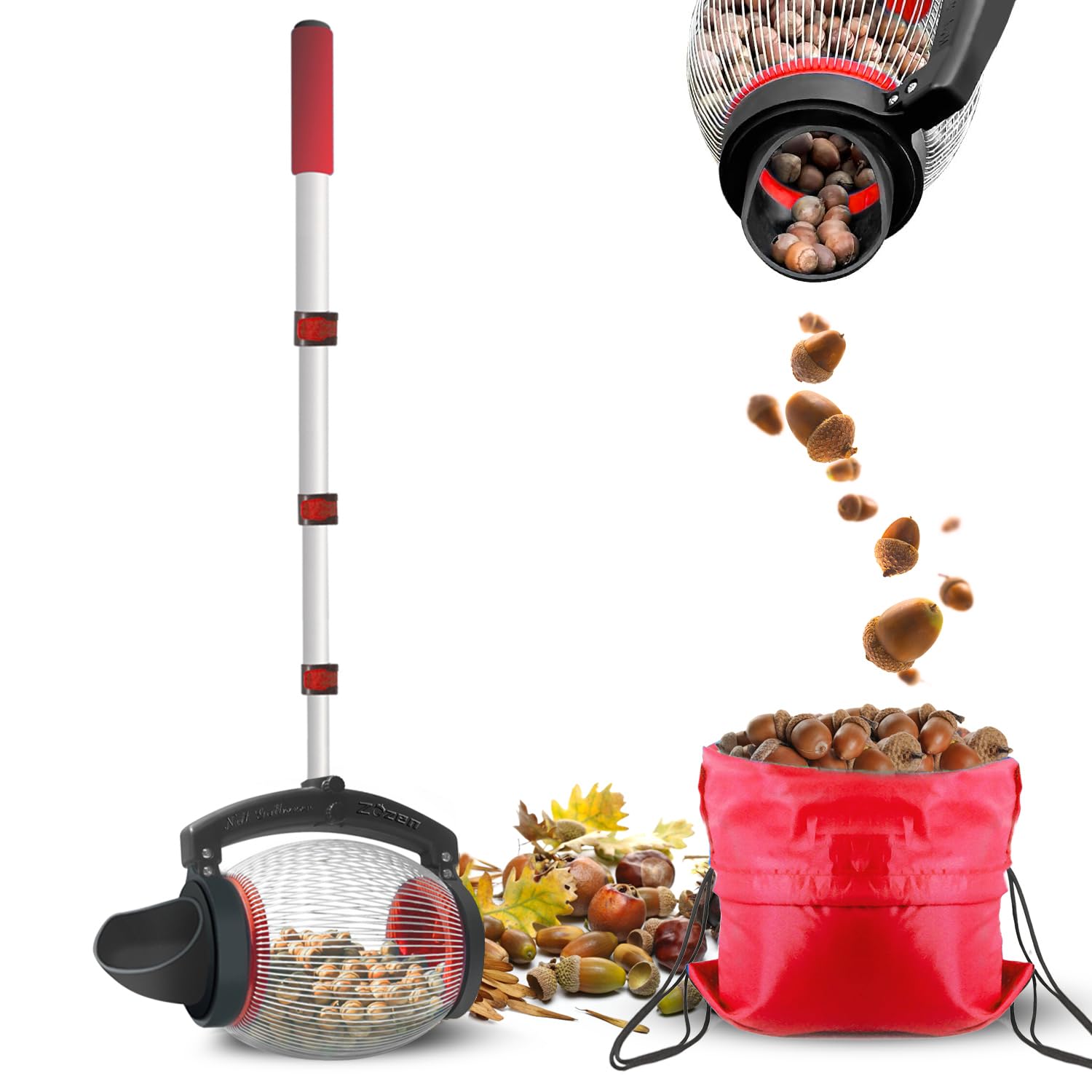 Zozen Acorn Picker Upper Roller, Acorn Dedicated Version/High Density Steelwire Gap - Directly Dump Outlet, Also Pick Nerf Balls, Pick Up Size 3/8'' to 1'' Small Diameter Objects, Capacity 1 Gallon