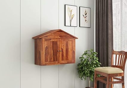 MGHY Wooden Wall Bar Cabinet | Bar Cabinets for Home | Wall Hanging Mini Bar for Home Wine Rack | Solid Wood Make Wine Storage Cabinet with Glass Hanging Space | Honey Finish