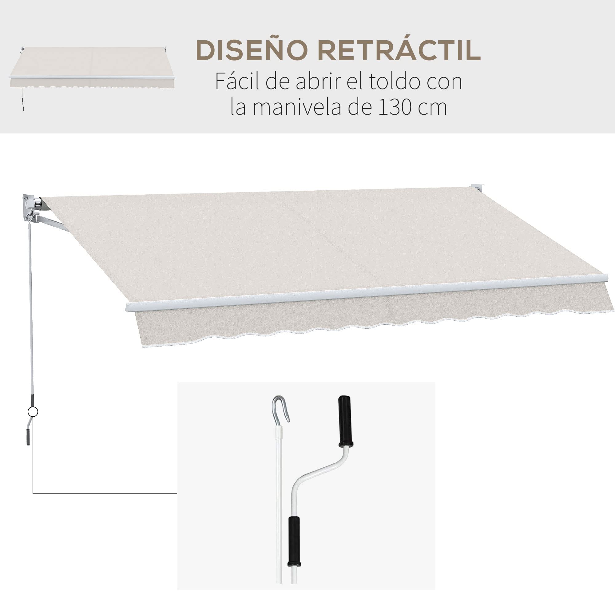 Outsunny Toldo Manual Retráctil 200x250 cm, Toldo Exterior Terraza con Ángulo Ajustable, Brazo Articulado, Montaje a Pared, Estructura de Aluminio, Anti-UV50+ e Impermeable, para Jardín, Crema