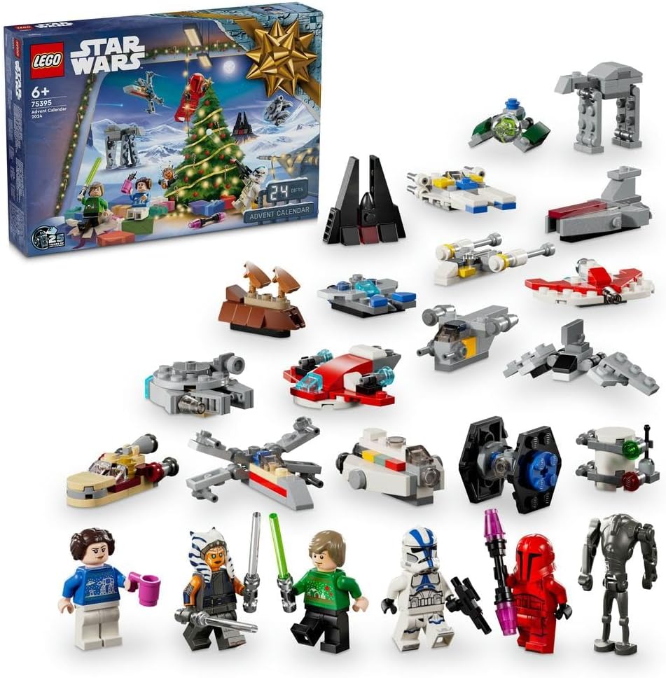 LEGOStar Wars Advent Calendar 2024 for Kids, Features 18 Collectible Mini Build Toys and 6 Character Minifigures, Christmas Holiday Gift Idea for 6 Plus Year Old Boys, Girls and Fans 75395