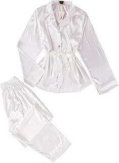 طقم لانجري مكوّن من 2 قطعة قميص بأكمام وبنطال , بيجامة حريمي حرير للنساء مقاس واحد: 50كيلو إلى 80كيلو (NO:3026)