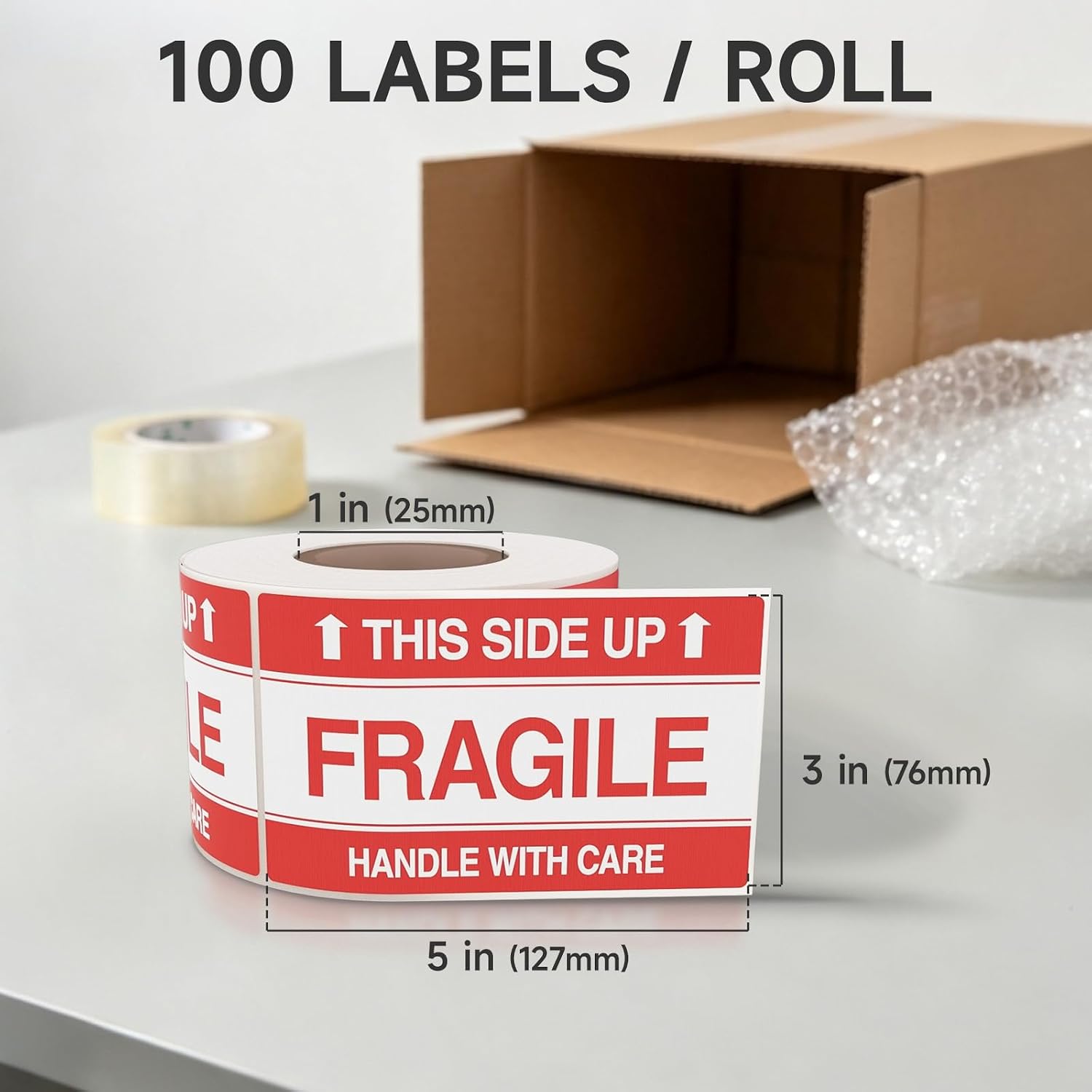 3x5 Large Fragile Stickers for Shipping, 100 This Side Up Stickers Per Roll