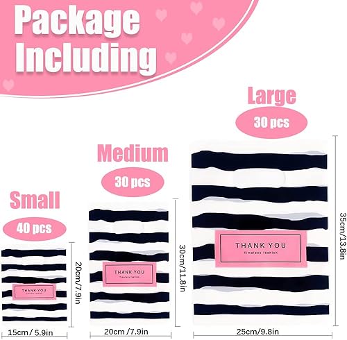 Miniatura 2 de Bolsas de mercancía con texto en inglés "Thank You", 100 bolsas de compras de plástico mixto de 3 tamaños, bolsa para pequeñas empresas, bolsas