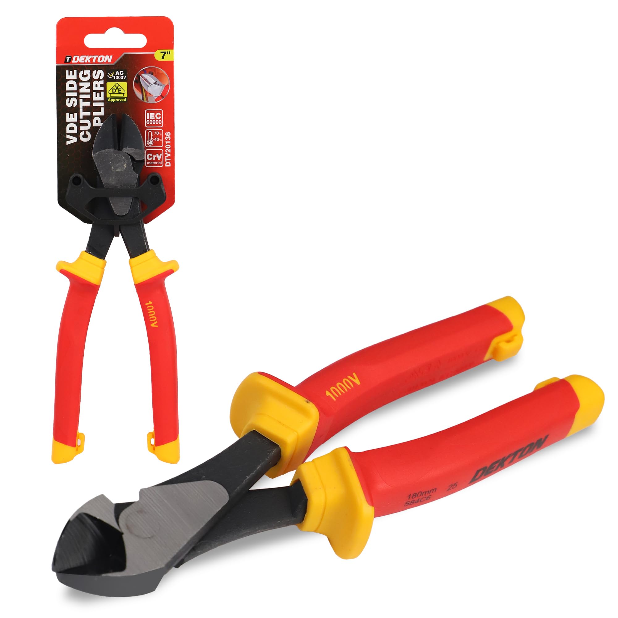 DEKTON VDE Heavy Duty Diagonal Cutting Pliers 7" | Insulated Handles for Safety | Precision Cutting Edges for Soft & Hard Wire | Clean Copper Wire Cutting | Durable Electricians Hand Tool