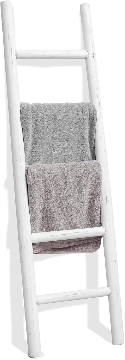 FUIN 57in Wood Blanket Ladder Living Room Decorative Wall Leaning Farmhouse Quilt Display Holder Rustic Wooden Towel Rack for Bathroom, White 57in | Knock Down White