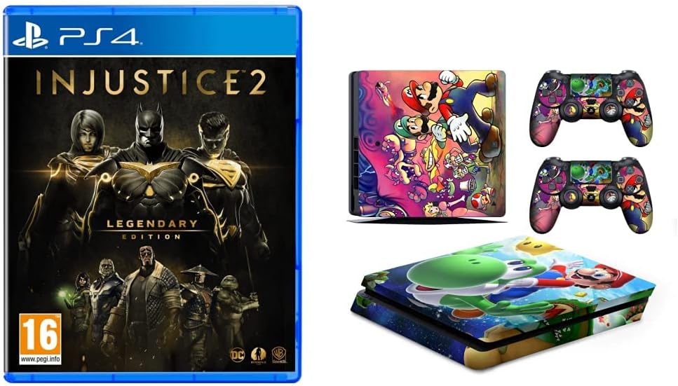 Injustice 2 - Legendary Edition (PS4)+Fox Micro® PS4 Slim Console Mario Skin Decal Vinal Sticker & 2 Controller Decal Vinyl Protective Covers Stickers for PlayStation 4 Slim