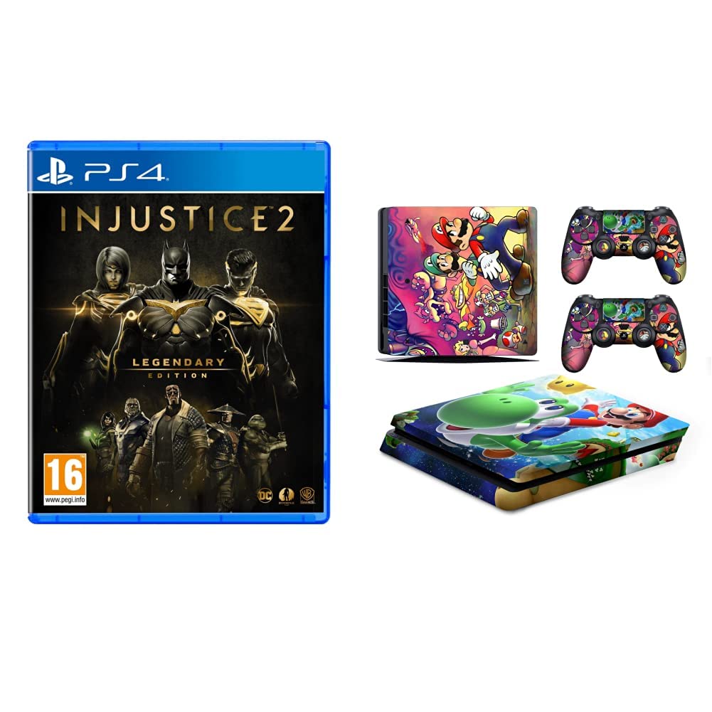 Injustice 2 - Legendary Edition (PS4)+Fox Micro® PS4 Slim Console Mario Skin Decal Vinal Sticker & 2 Controller Decal Vinyl Protective Covers Stickers for PlayStation 4 Slim