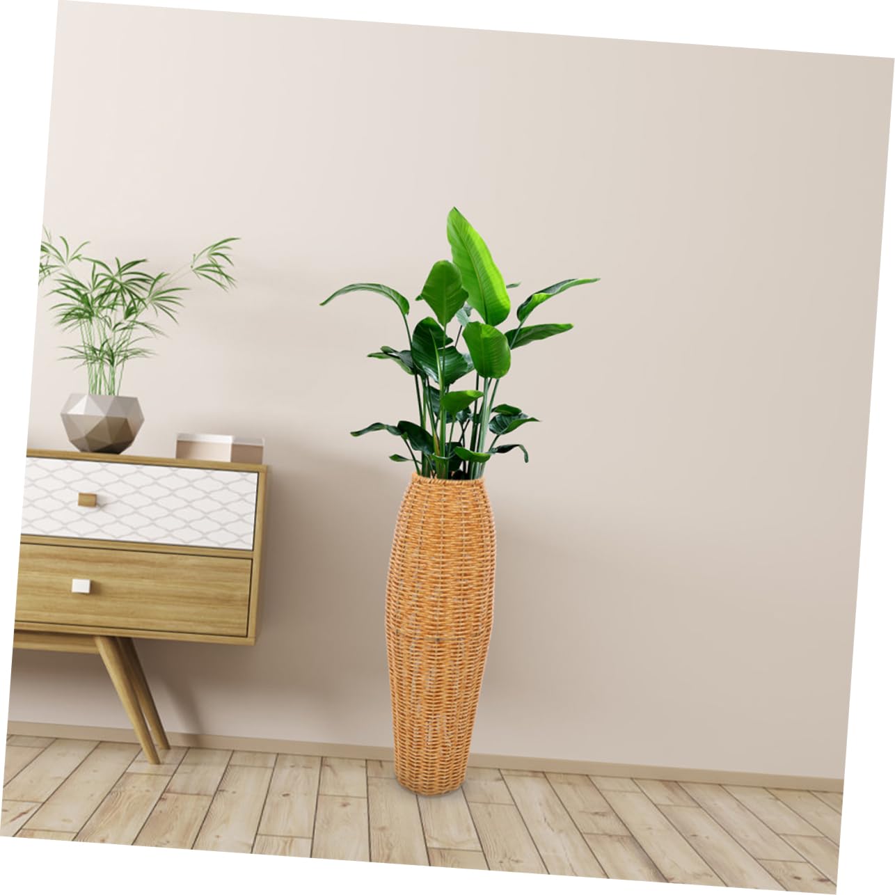 Abaodam Jarrones Altos para Suelo de Imitación Ratán en Plástico Marrón, Juego de 2 Unidades, Diseño Elegante y Rústico para Flores Artificiales y Secas en Salones y Dormitorios
