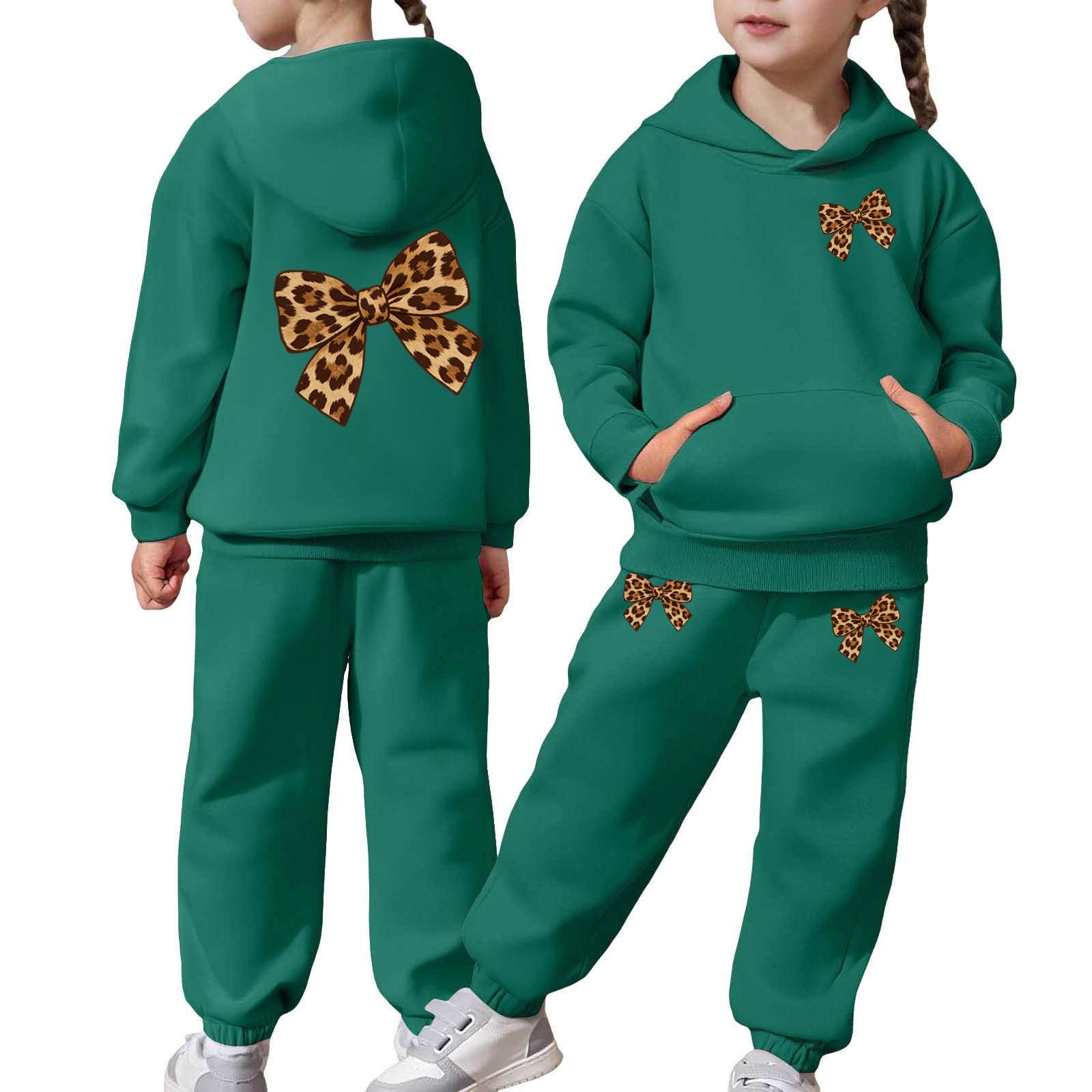 Girls 2 Piece Outfits Bow Leopard Graphic Lounge Hoodie Sweatsuit Sets Y2K Sweatshirt Comfy Sweatpants with Pockets Size 7/8