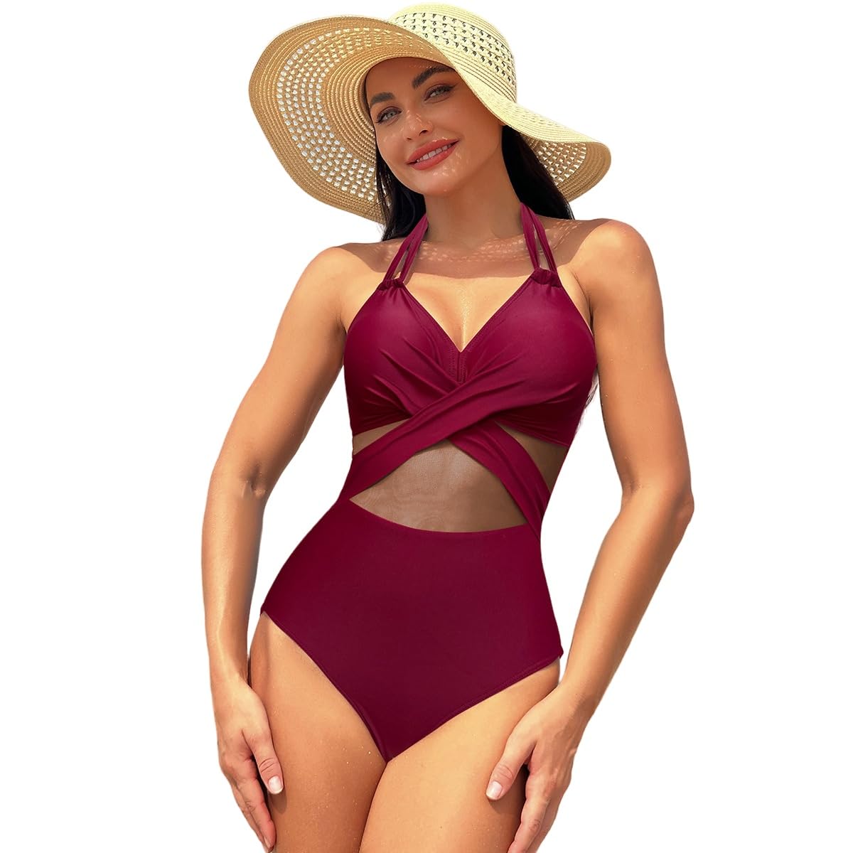 Laura in 2024 Nuevo bañador para Mujer Traje de baño de una Pieza con Chiffon Medio Transparente Bordado en el Medio Bikini para veraneo