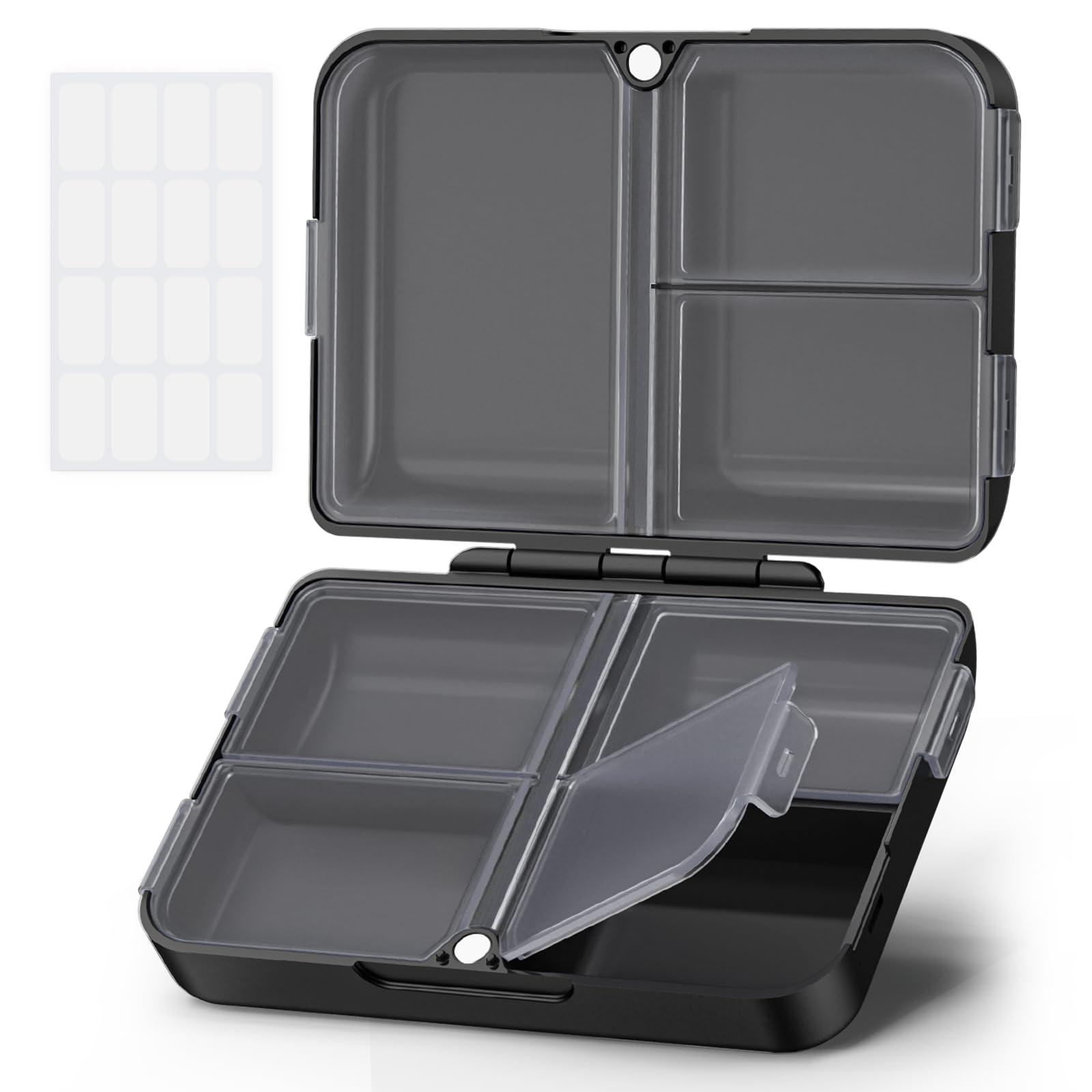 Daily Pill Organizer Fit with Your Purse or Pocket, Compact Travel Pill Box Case with Slim Folding Design and Long-Lasting Hinges to Hold Vitamin, Fish Oil, Supplement or Jewelry(Black)