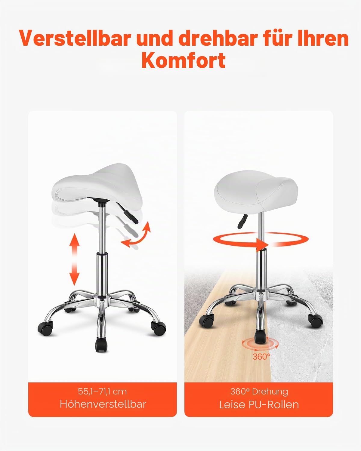 VEVOR Sattelhocker Rollhocker 204 kg belastbarer höhenverstellbarer (55-71 cm) Drehhocker Arbeitshocker, ergonomischer verdickter PU-Leder-Drehsattelstuhl für Salon Spa Massage Klinik, Weiß