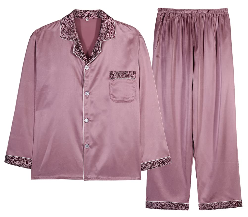 Femaroly Male Spring and Autumn Ice Silk Pajama Long Pymaja Casual Top Pant Sleep Lounge Set Cinnabar Red Large