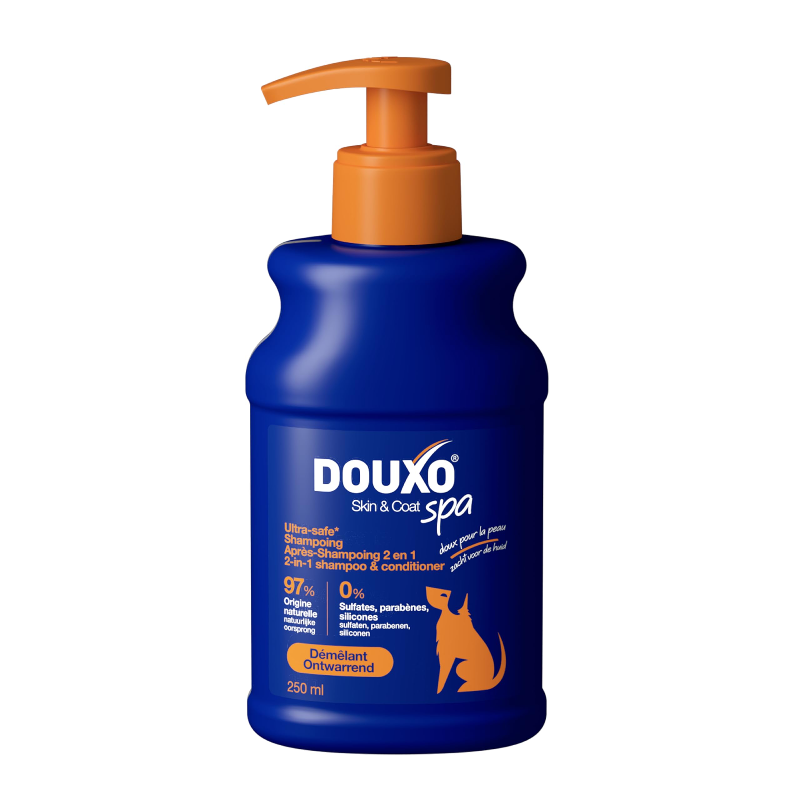 DOUXO Skin & Coat Spa - Ultra-Safe Shampoing 2 en 1 démêlant pour Chiens, 250 ML, nettoie et Hydrate en Profondeur la Peau et Le Poil, Laisse Le Pelage Doux, Soyeux et démêlé, respecte la Peau.