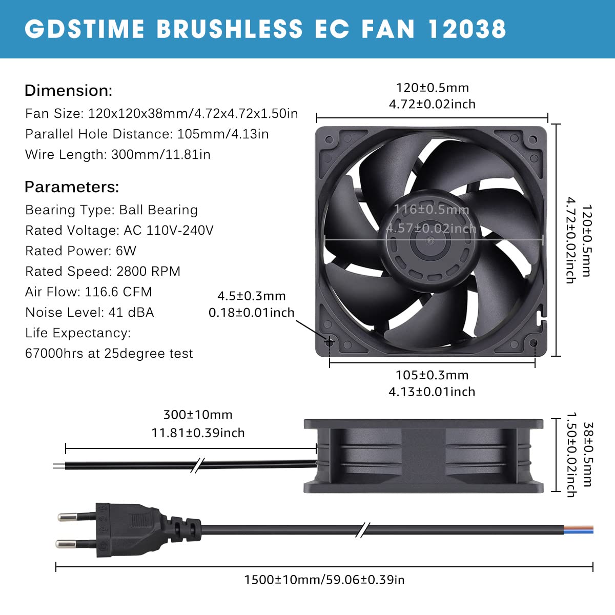 GDSTIME AC EC 220V Lüfter 120mm 120mm x 38mm 230V PC Lüfter 12038 Dual Kugellager 120 x 120 Axiallüfter 2800 U/min Bürstenlos Kühlung 116,6 CFM für 230v computer