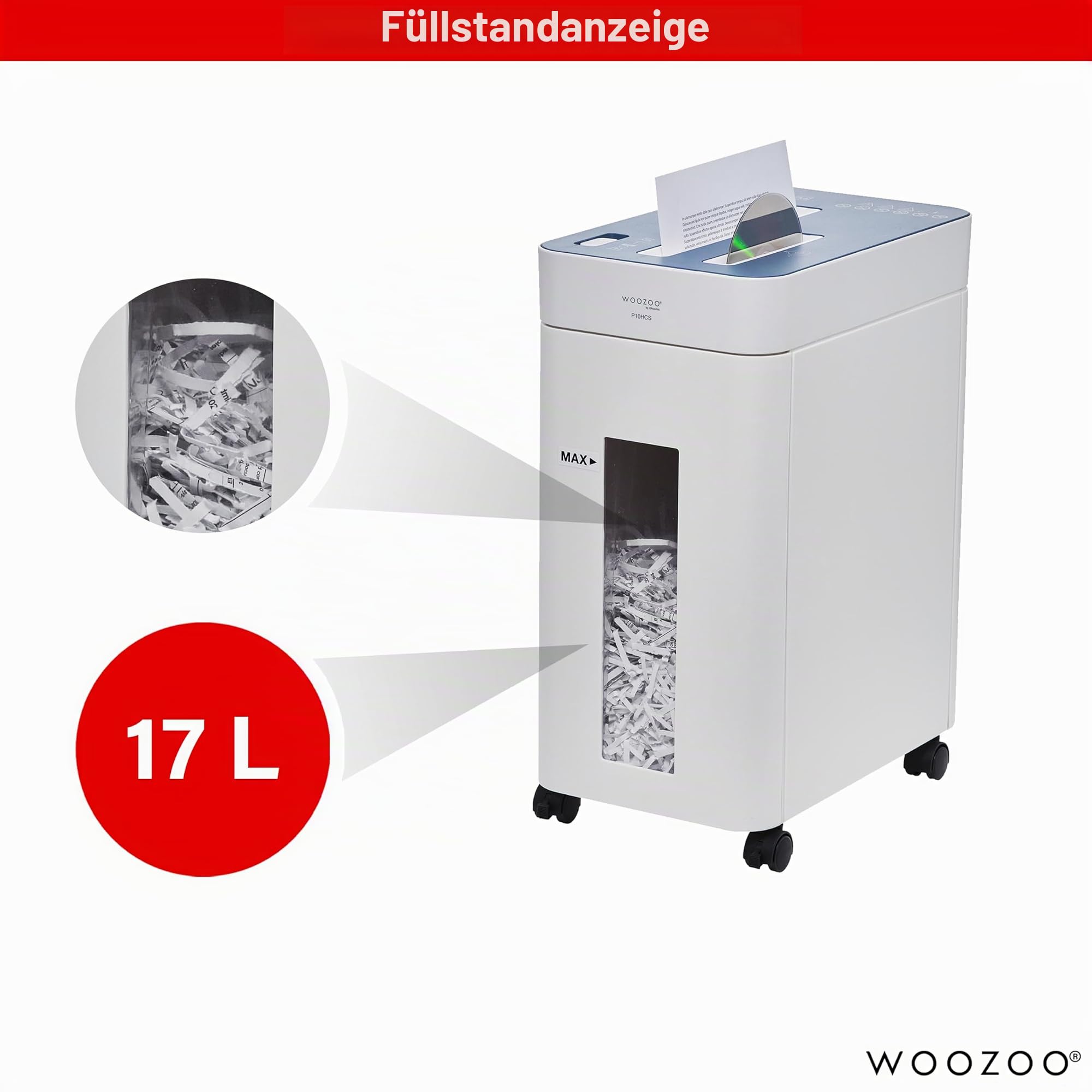 Woozoo, Hochsicherheits-Aktenvernichter/Papierschredder, 10 Blatt, Kreuzschnitt-Technologie, Papierkorb 17L, A4-Papier, CD/DVD, Kreditkarte - Personal Shredder Cross Cut P10HCS - Weiß