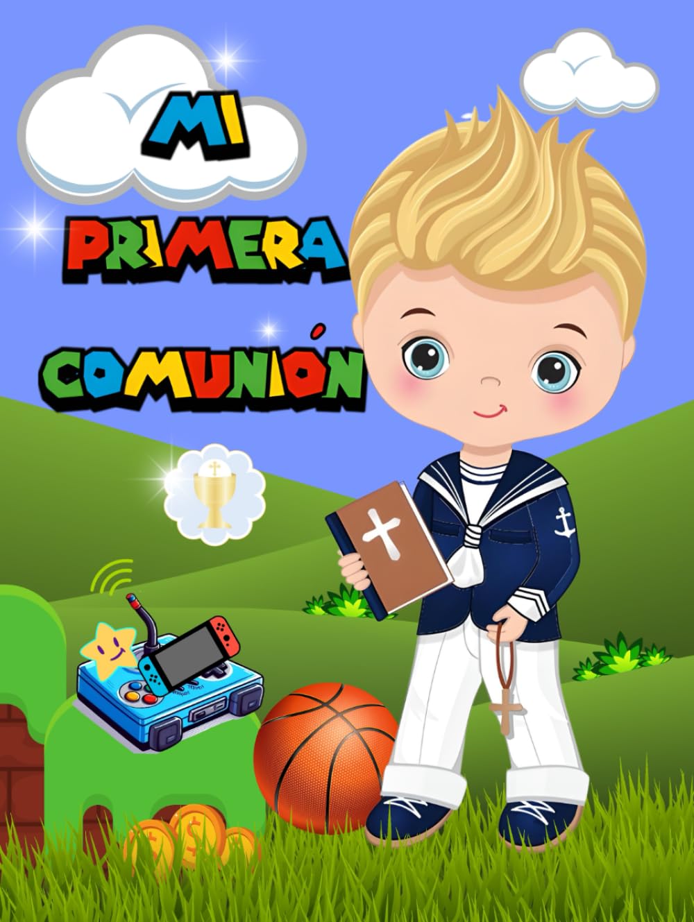Libro de Firmas Mi Primera Comunión Niño rubio. Tematizado en baloncesto y videojuegos