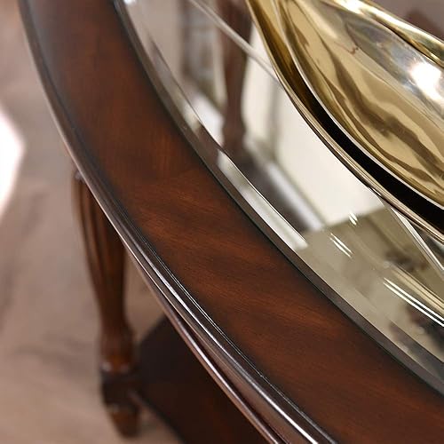 Miniatura 8 de PADMA HOUSE Mesa de sofá semicírculo tradicional de madera maciza con tapa de vidrio templado para sala de estar, nogal cereza