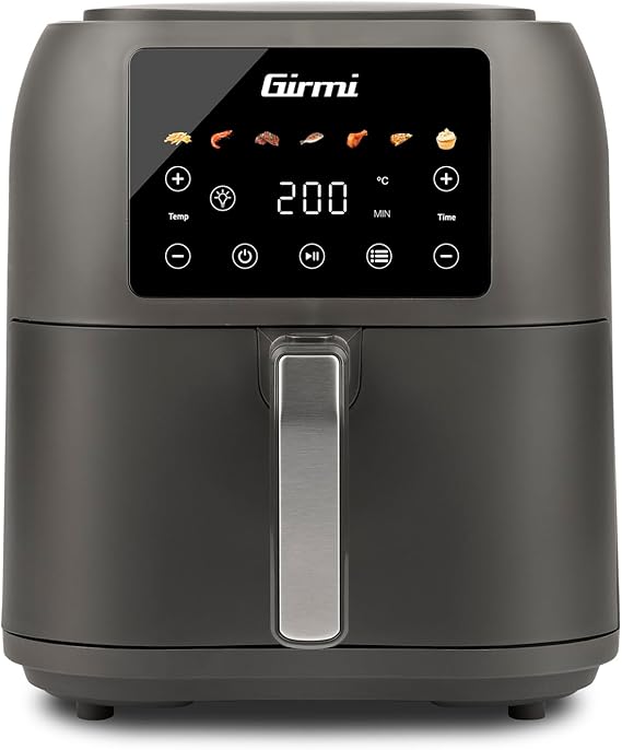 Girmi FG92 Ecofrit Deep Friggitrice ad Aria Capacità XXL 8 Litri, 1700W, BPA/PFOA Safe, Contenitore antiaderente, Display digitale con 7 programmi, Tasto di sicurezza, Ricettario Incluso, Grigio Opaco