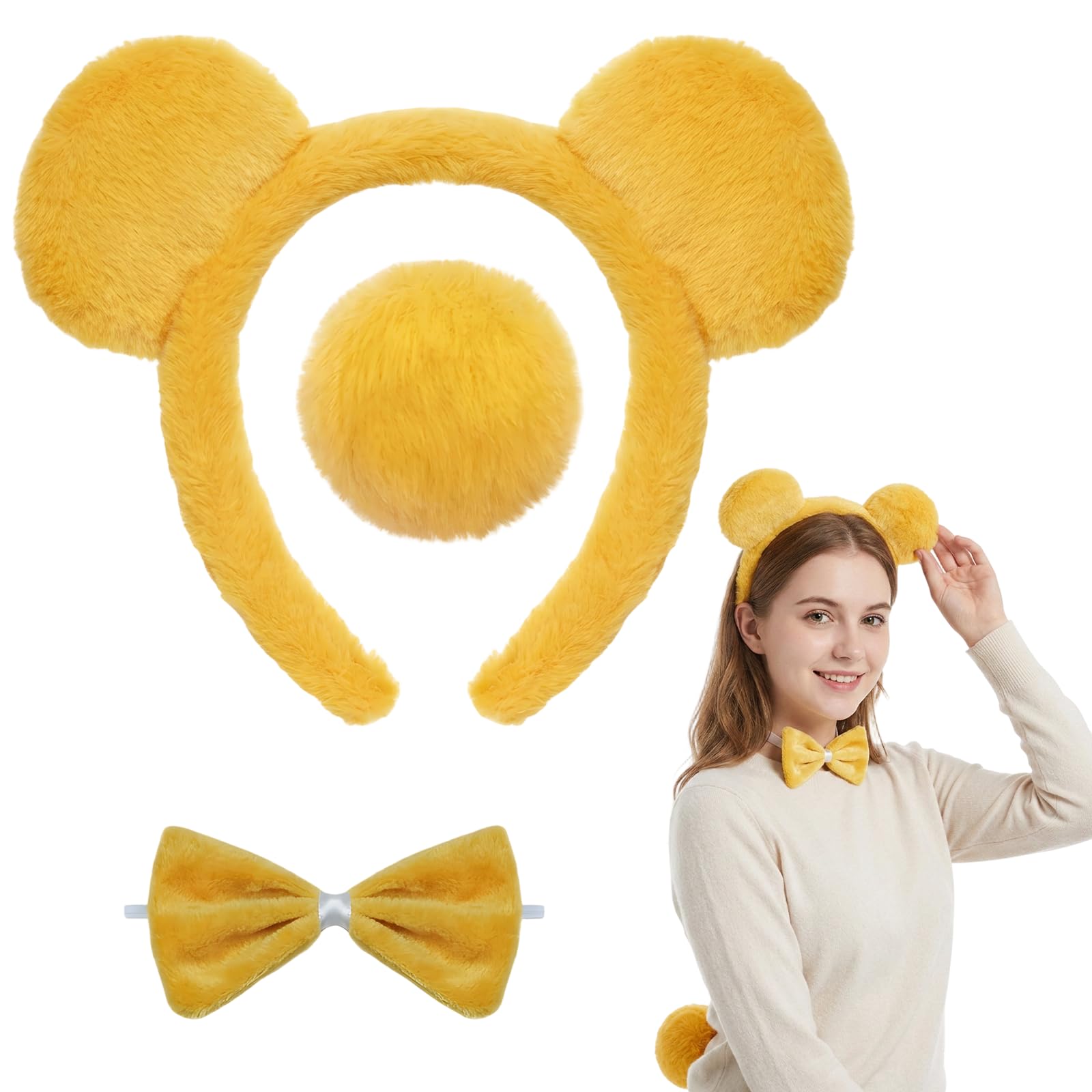 HDovnne Yellow Bear Ears Headband, Tail And Bow Tie, 3-Piece Costume Set