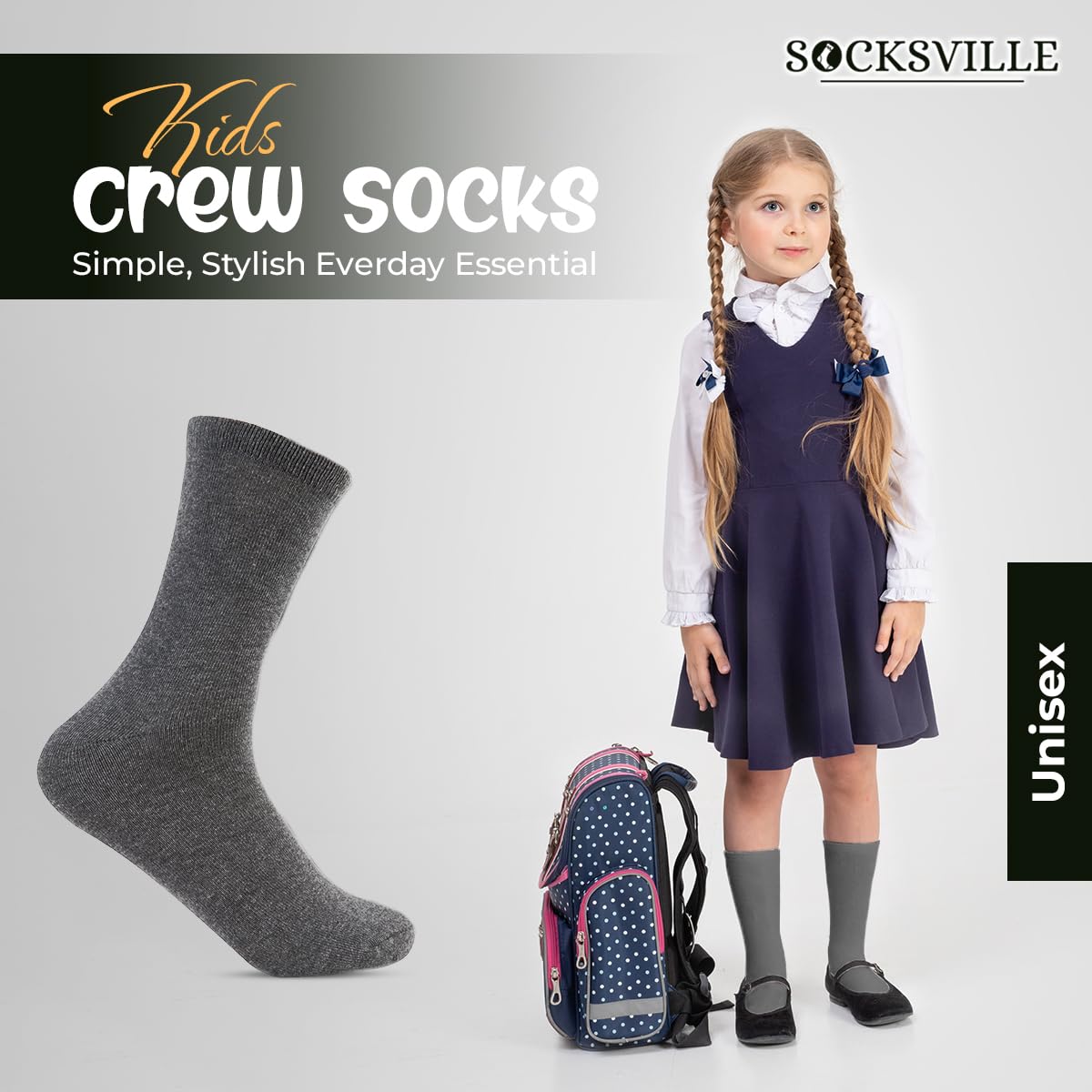 Lot de 12 paires de chaussettes pour enfants en coton majoritaire | Longueur mollet unisexe pour filles et garçons | Chaussettes d'école unies pour tous les jours, décontracté, PE, maison, hiver |