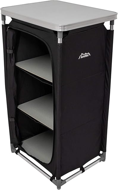 Andes Lightweight 3 Shelf Camping Cupboard, Folding Travel Storage Unit + Carry Bag, Black