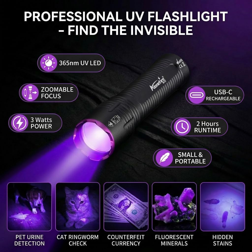 ALONEFIRE SV137 Professional 365nm UV Flashlight USB-C Rechargeable Digital Display Zoom Black Light Pet Urine Detector with Built-in Battery