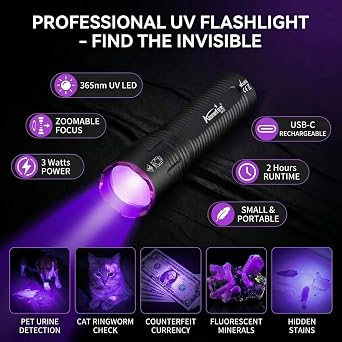 ALONEFIRE SV137 Professional 365nm UV Flashlight USB-C Rechargeable Digital Display Zoom Black Light Pet Urine Detector with Built-in Battery
