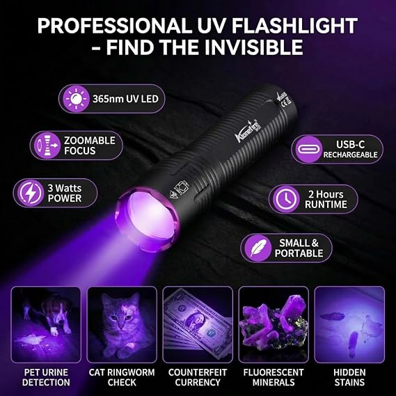 ALONEFIRE SV137 Professional 365nm UV Flashlight USB-C Rechargeable Digital Display Zoom Black Light Pet Urine Detector with Built-in Battery