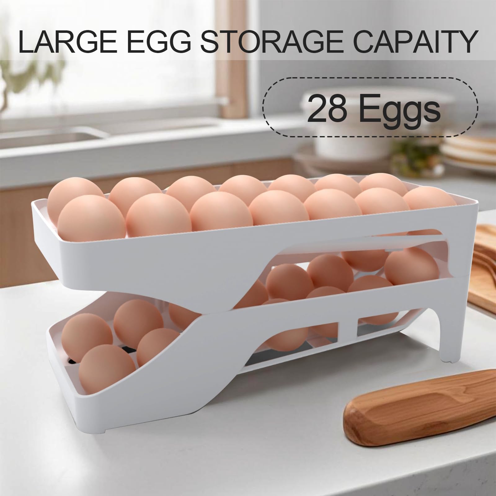 Dispensador de huevos automático, bandejas para huevos para refrigerador, rodillo de huevos para refrigerador, ahorro de espacio, capacidad para 28 huevos simultáneamente, para refrigerador 3