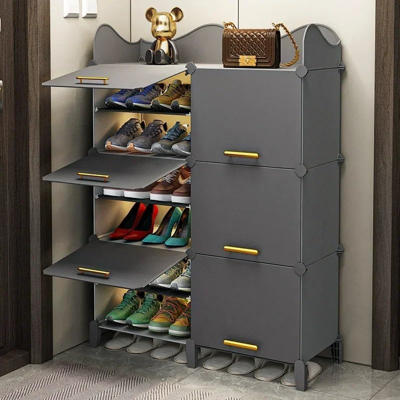 Image of Plastic Shoe Rack for Home | 𝟏𝟐 𝐒𝐡𝐞𝐥𝐟 DIY Shoe Rack with Door Magnets for Home Storage Plastic Box Organizer, Metal Door Frame, Chappal Slipper Sandals Stand (Grey,6-Door)