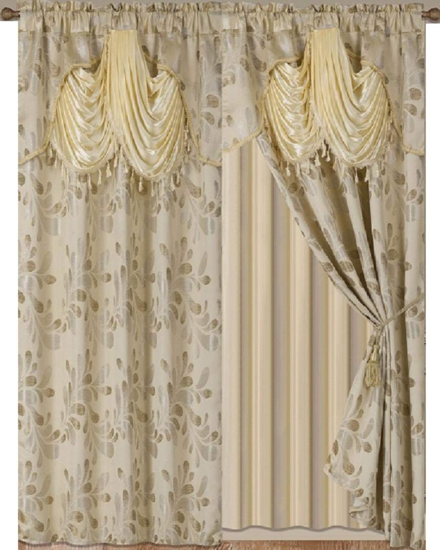 Luxury Jacquard Curtains Window Panels with Backing, Valance and tie Backs- Design 4018 (Gold)