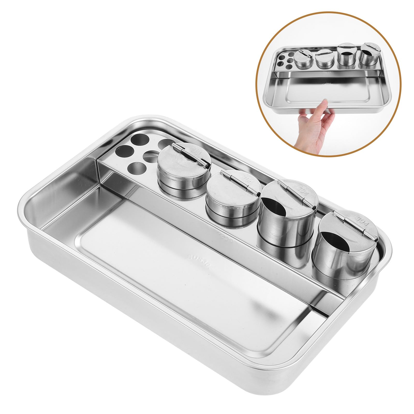 SHINEOFI Bandeja de Médica de Acero Inoxidable 304 Bandeja Rectangular 4 Orificios para Frascos Equipo Profesional para Hospitales y Clínicas para Curas