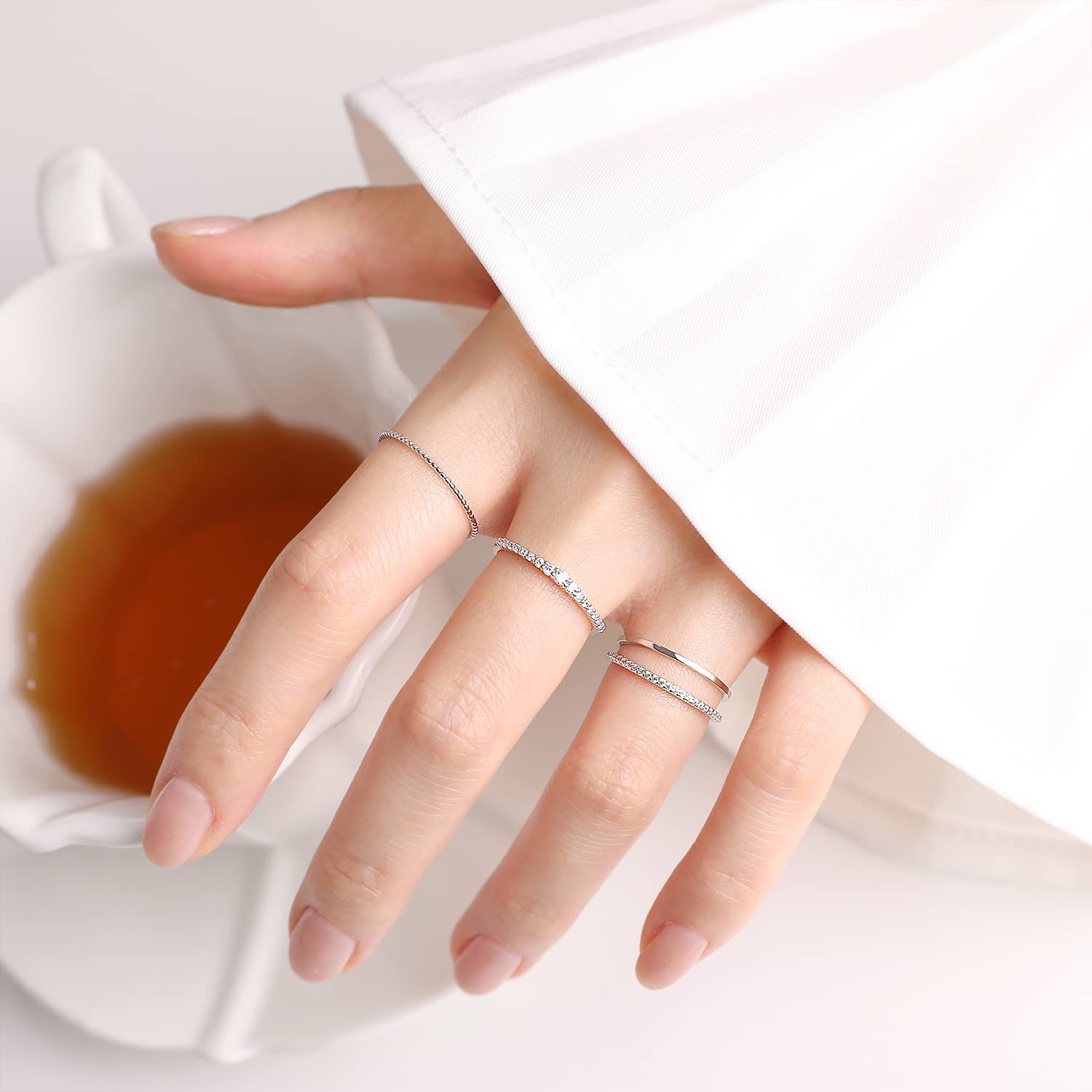 Meissa Lot de 4 Bague Plaqué Or/Argent Bague en Pierres pour Femme Empilable délicate Ultra Fine Bague Bijoux Cadeau