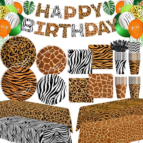 Xenorik Jungle Safari Party Decorations, Jungle Birthday Party Supplies, Paper Plate, Napkin, Cup, Tablecloth, Banner, Wild Animal Print Balloon, Cutlery, Safari Birthday Decorations, Serves 24